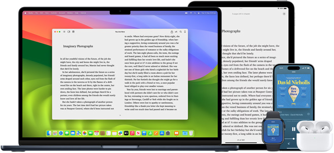 MacBook Pro and iPad Air display a page from the same ebook in the Books app. Apple Watch and iPhone 15 screens display a book cover from the same audiobook. An AirPods Pro case open to show both AirPods Pro earbuds.