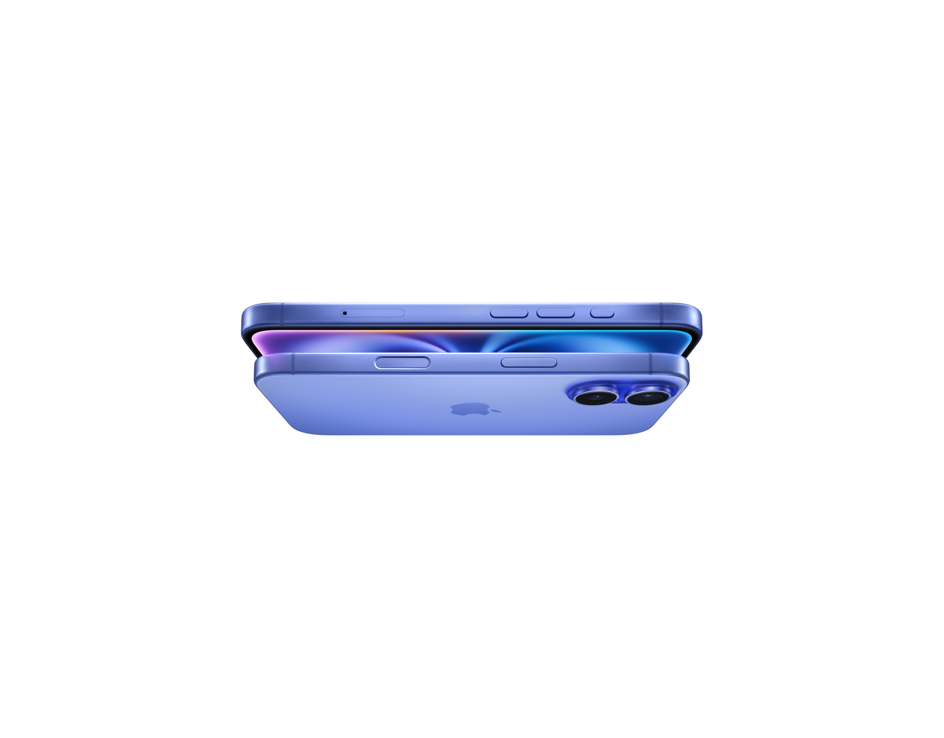 Animation of iPhone 16 models in Pink, Teal and Ultramarine, ending with two iPhone 16 models in Ultramarine, side exterior, side button, raised dual camera system.