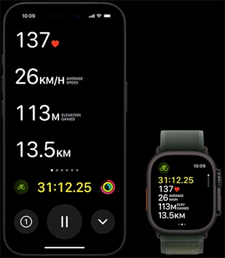 Live Activity, показваща колоездачните показатели на човек както на неговия Apple Watch Ultra 2, така и на неговия iPhone.