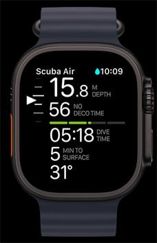 Oceanic+ приложението, показано на Apple Watch Ultra 2.