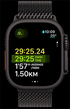 Apple Watch Ultra 2, показващ продължителността, темпото и разстоянието на плуване като част от функцията Multisport.