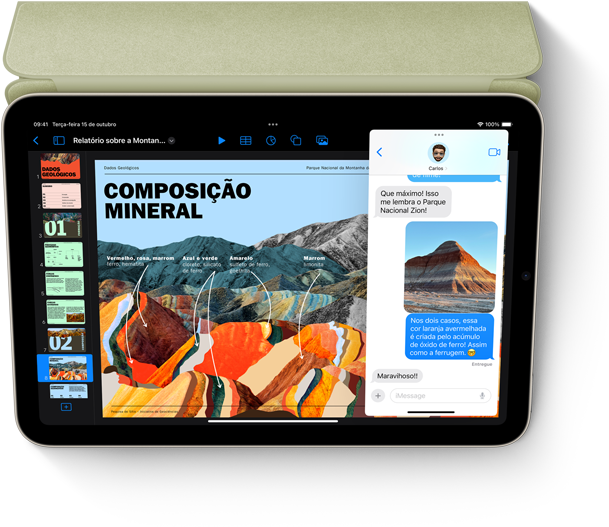 Um iPad mini na horizontal mostrando os apps Keynote e Mensagens com o recurso Slide Over.