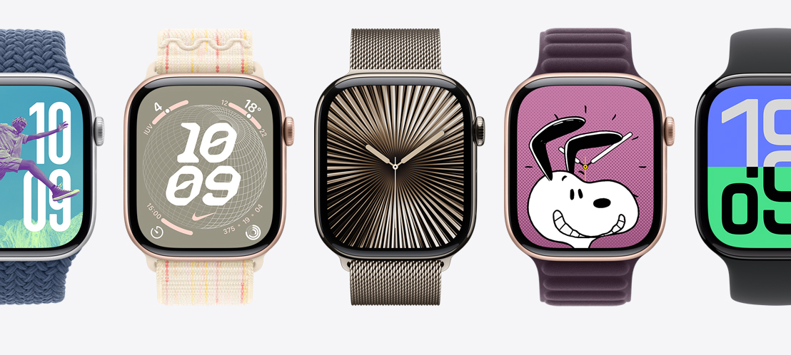 Várias telas do Apple Watch, entre elas o mostrador Reflexos e o mostrador Snoopy.