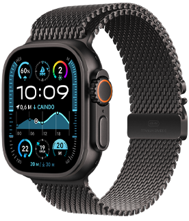 Apple Watch Ultra 2 com caixa preta de titânio e pulseira loop Trail preta.