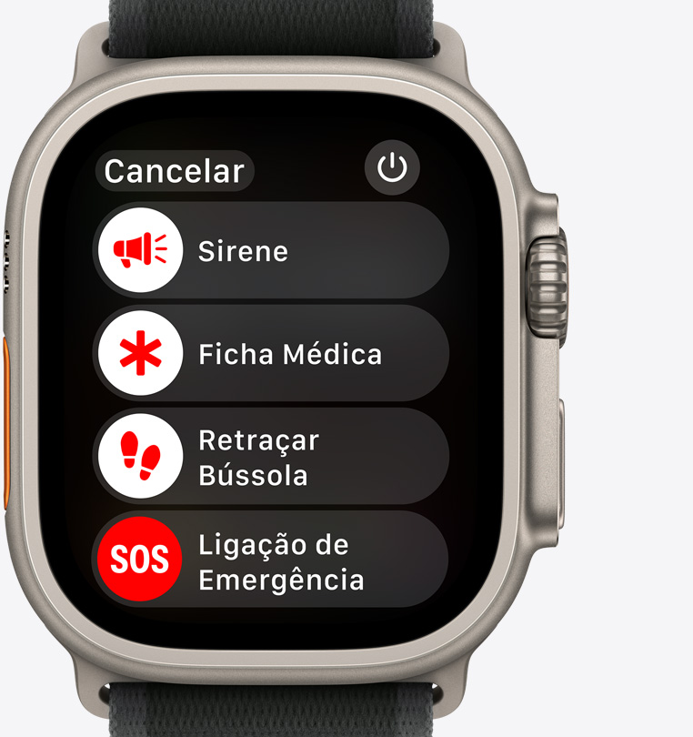 Tela do Apple Watch Ultra 2 mostrando os botões Sirene, Ficha Médica, Retraçar Bússola e Ligação de Emergência.