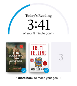 iPhone screen showing the Reading Goals interface in the Books app. At the top, there is a progress ring for a reading goal. Below the progress ring are three book covers. Beneath the book covers is text that one more book is needed to reach the 2024 goal of reading eight books.