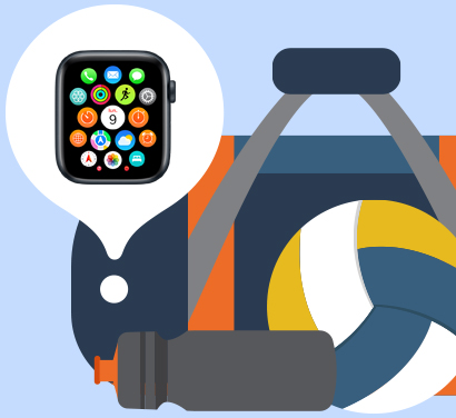 Illustration d’un sac à dos. Une bulle contenant une Apple Watch indique où se trouve la montre dans le sac.