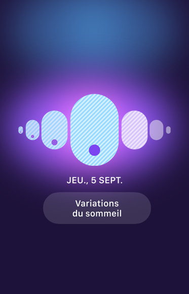 App Suivi du cycle affichant le bouton de variations du sommeil.