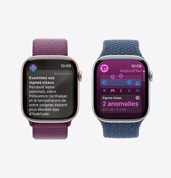 Une Apple Watch Series 10 affichant la notification Examinez vos signes vitaux, et une autre signalant deux anomalies pour les signes vitaux nocturnes.