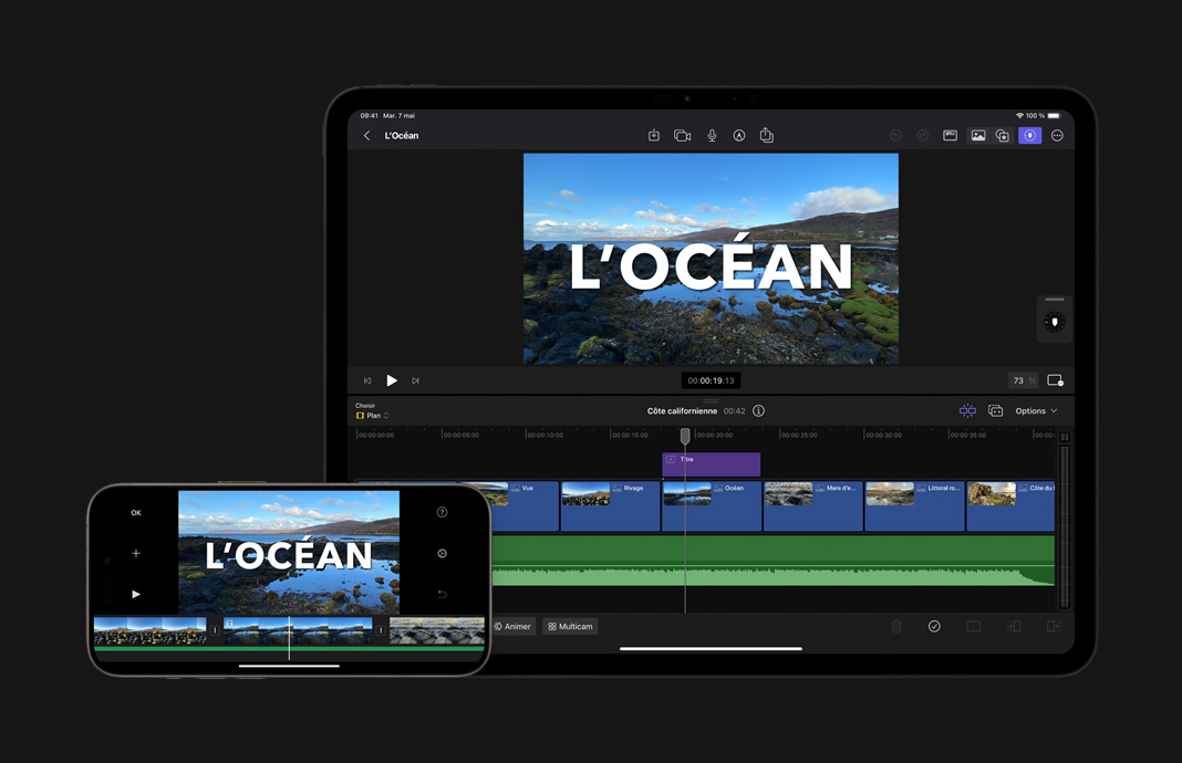 Un projet créé avec iMovie pour iOS est ouvert dans Final Cut Pro pour iPad pour l’étape de finalisation.