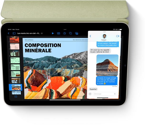 Un iPad mini en orientation paysage affichant Keynote et Messages ouvert en Slide Over.