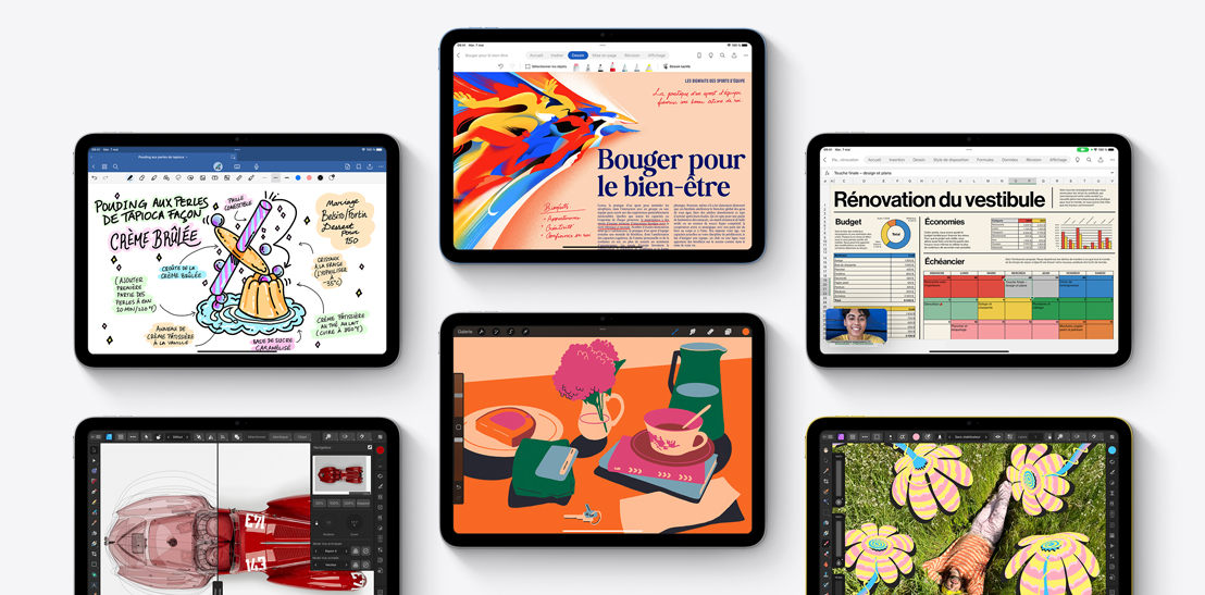 Six iPad différents affichant diverses apps, dont Goodnotes 6, Affinity Designer 2, Microsoft Word, Procreate, Microsoft Excel et Affinity Photo 2.