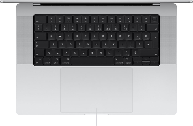 Vue en plongée d’un MacBook Pro 16 pouces ouvert montrant le pavé-pression situé sous le clavier