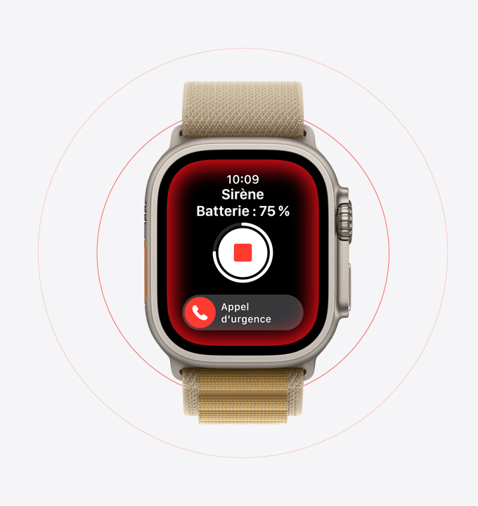 Sirène en cours d’utilisation sur une Apple Watch Ultra 2.