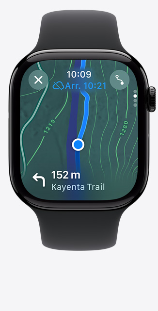 Vue de l’app Plans sur une Apple Watch Series 10, affichant un itinéraire de randonnée.