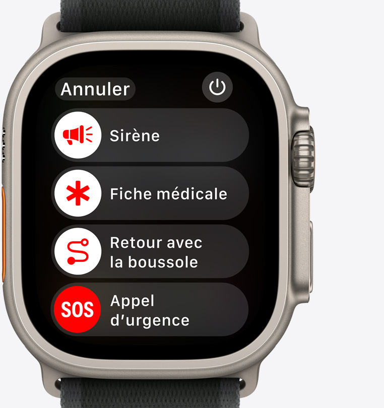 Vue d’une Apple Watch Ultra 2, affichant les boutons Sirène, Fiche médicale, Retour avec la boussole, et Appel d’urgence.