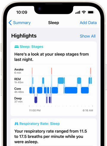 An iPhone device displaying Sleep Stages in the Health app.