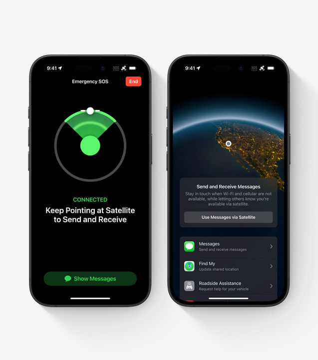 One iPhone displays an on-screen interaction for Emergency SOS via satellite. It's pictured next to another iPhone that displays an on-screen interaction for Crash Detection.