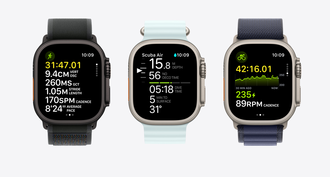 Three Apple Watch Ultra 2 showing fitness metrics. One for running, one for scuba and one for cycling.