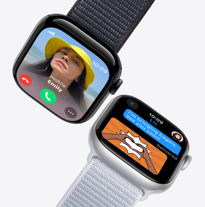 Two Apple Watch screens. The first shows an incoming call. The second shows a text message.