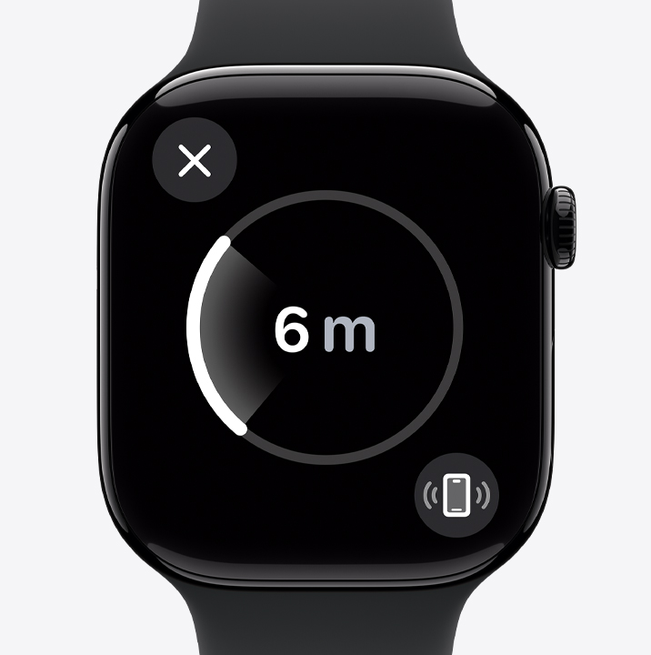 The Precision Finding screen on an Apple Watch Series 10 showing that the watch user's iPhone is six metres away.