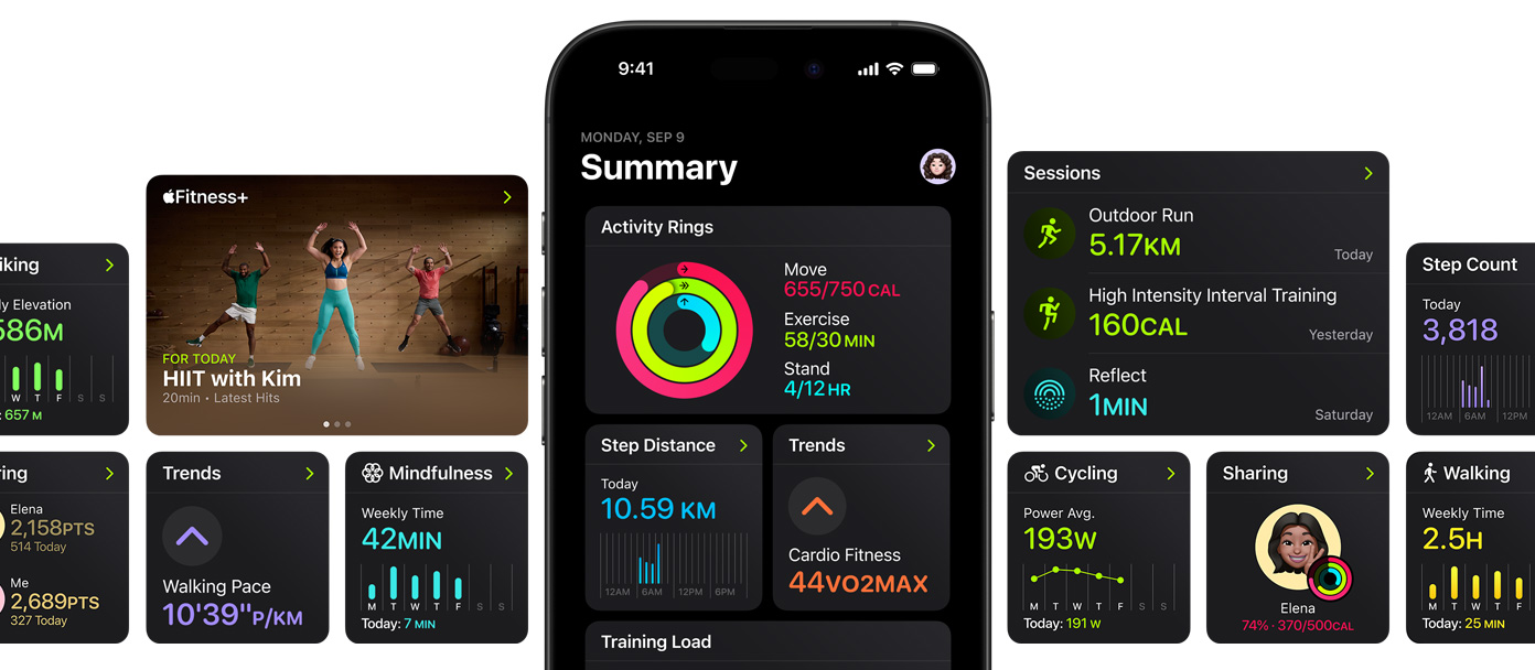 An iPhone in the centre of several screens showing customization options for the summary page in the Fitness app.