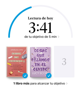 Pantalla de un iPhone que muestra la interfaz de Objetivos de Lectura en la app Libros. En la parte superior, hay un círculo de progreso para un objetivo de lectura. Debajo hay tres portadas de libros. Más abajo hay un texto que indica que se necesita un libro para alcanzar el objetivo de 2024 de leer ocho libros.