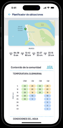 Las condiciones locales de buceo con datos aportados por la comunidad de usuarios aparecen como parte de la planificación del lugar de inmersión.