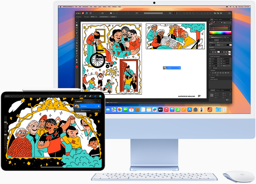 Un iPad al lado de una Mac que muestra la continuación de un boceto de una pantalla a la otra