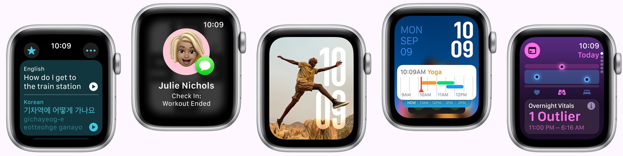 Patery Apple Watch s různými obrazovkami, včetně aplikace Přeložit, aplikace Doprovod, ciferníku Fotky, ciferníku Modulární a aplikace Životní funkce.