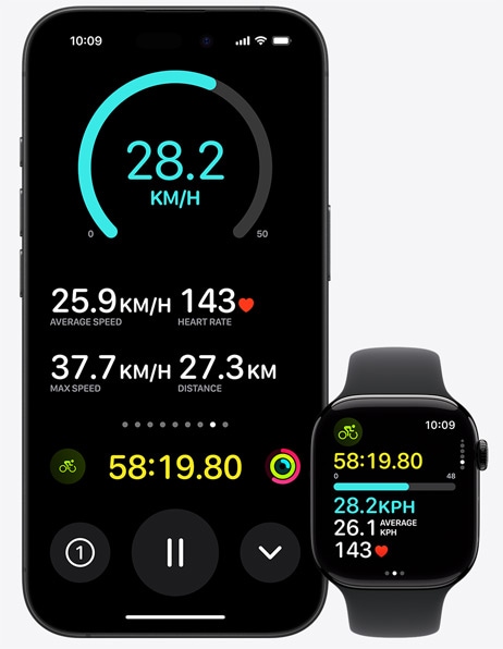 Zobrazení navigace na iPhonu 15 Pro a Apple Watch Series 9.