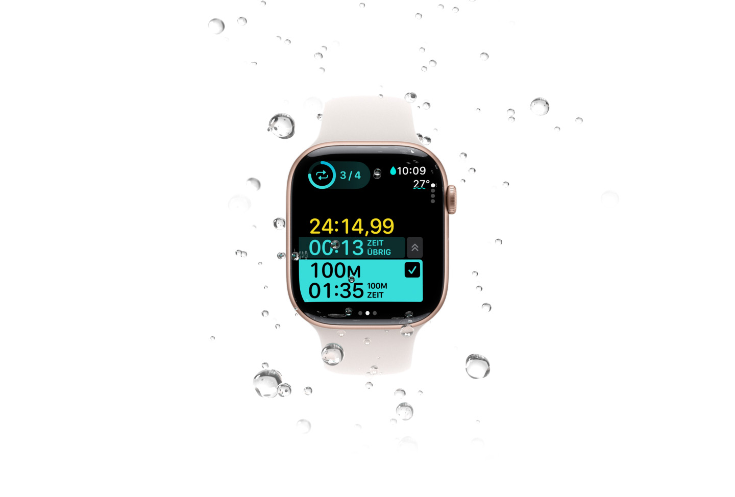 Ein Schwimmtraining mit Messwerten wie Wassertemperatur auf einer Apple Watch Series 10, umgeben von Wassertropfen.