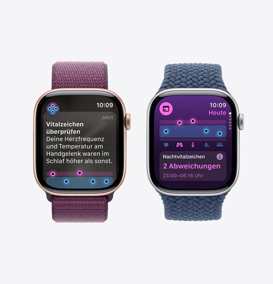 Eine Mitteilung zur Überprüfung deiner Vitalzeichen auf einer Apple Watch Series 10 und die Vitalzeichen App zeigen im Schlaf erfasste Vitalzeichen mit zwei Abweichungen auf der Apple Watch Series 10.