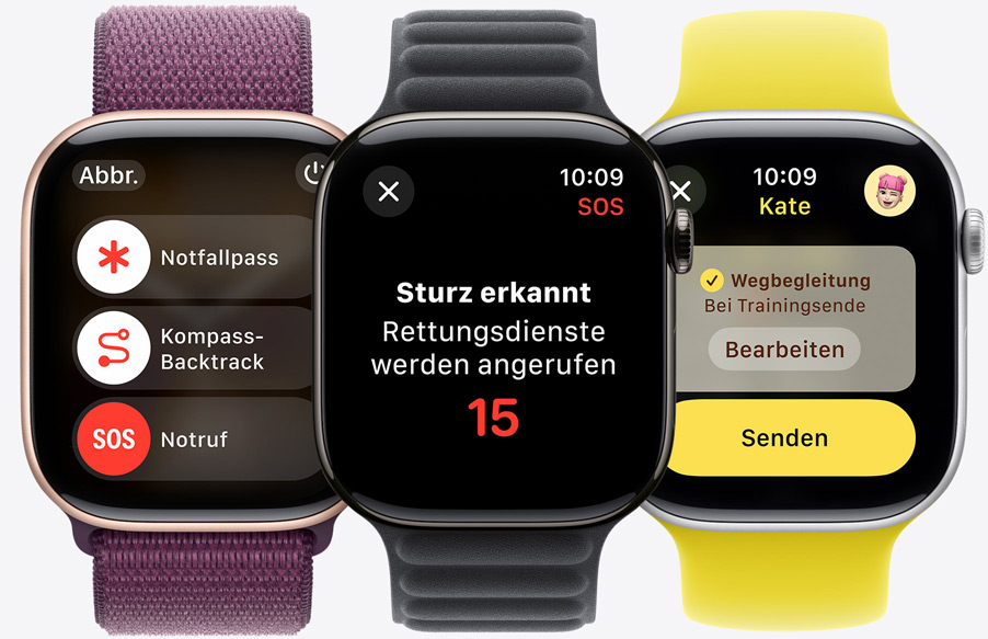 Der Notruf Schieberegler wird mit den Notfallpass und Kompass-Backtrack Schiebereglern auf einer Apple Watch Series 10 gezeigt. Ein Sturz wird auf einer Apple Watch Series 10 erkannt. Eine Wegbegleitung wird an jemanden auf einer Apple Watch Series 10 gesendet.