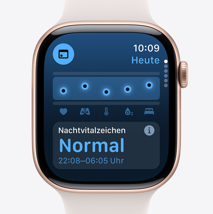 Ein Bildschirm der Vitalzeichen App auf der Apple Watch Series 10 zeigt, dass die über Nacht erfassten Gesundheitsdaten normal waren.