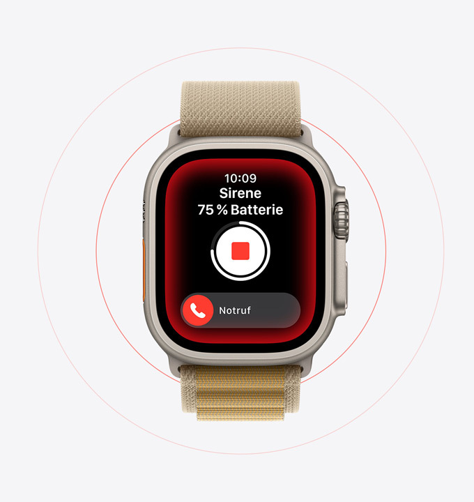 Eine Sirene wird auf einer Apple Watch Ultra 2 verwendet.