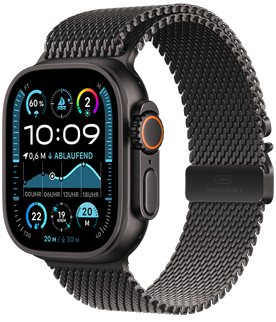 Apple Watch Ultra 2 with a black titanium case and Black Trail Loop band.