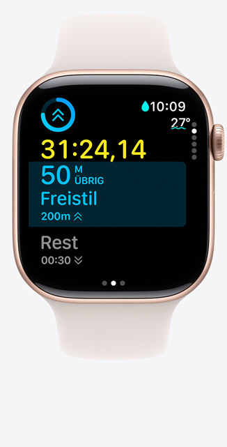 Vorderansicht der Apple Watch Series 10 mit einem Bildschirm für ein eigenes Beckenschwimmen Training mit Schwimmmesswerten auf dem Display.