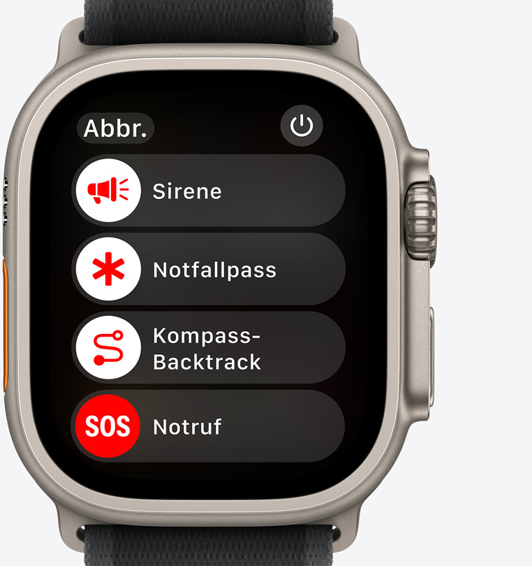 Vorderansicht einer Apple Watch Ultra 2 mit Tasten für Sirene, Notfallpass, Kompass-Backtrack und Notruf SOS.