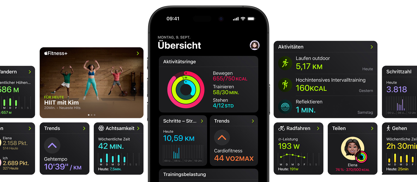 Ein iPhone in der Mitte mehrerer Bildschirme mit Anpassungsoptionen für die Übersichtsseite in der Fitness App.