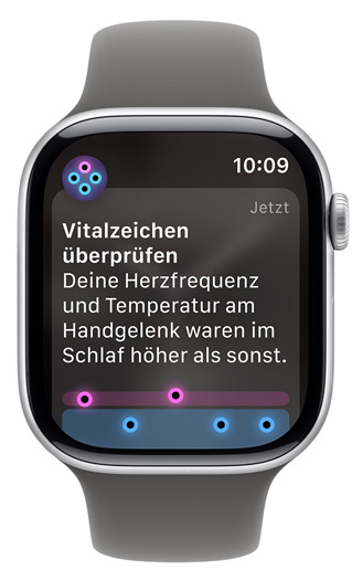 Apple Watch Display mit dem Hinweis, die Vitalwerte zu überprüfen