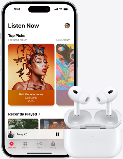 iPhone 15 playing music next to airpods