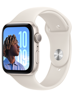 Apple Watch SE with a Starlight aluminum case and Starlight (white) Sport Band.