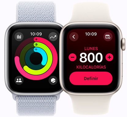 Dos modelos de Apple Watch SE que muestran los anillos de Actividad y los objetivos de calorías, respectivamente.