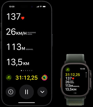 Una actividad en directo muestra las estadísticas de un entreno en bici en un Apple Watch Ultra 2 y un iPhone.