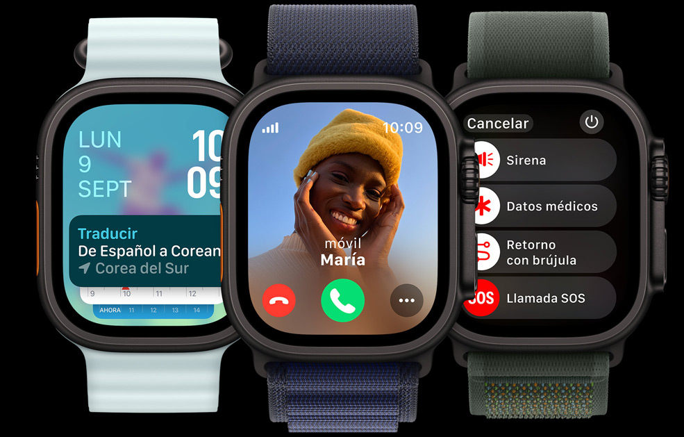 Tres pantallas del Apple Watch Ultra. Una con la app Traducir, otra con una llamada entrante y la última con los iconos de Sirena, Datos Médicos, Retorno y Emergencia.