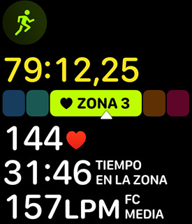 Pantalla de Zonas de Frecuencia Cardiaca que muestra los datos de entrenamiento en zona 3.