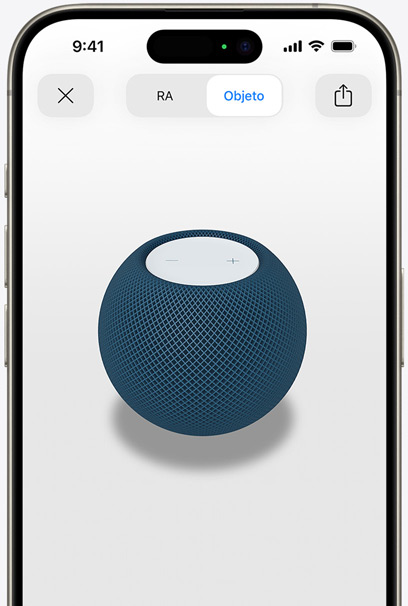 Pantalla de un iPhone que muestra un HomePod mini azul en realidad aumentada.