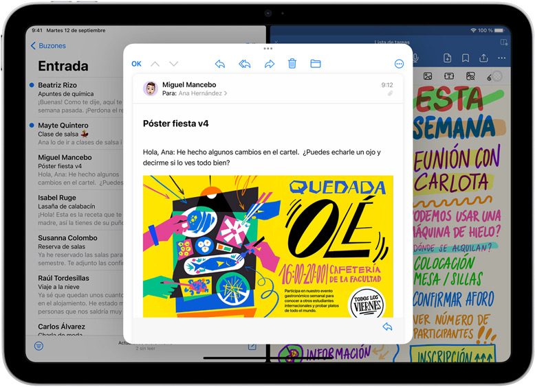 Las apps Mail y GoodNotes aparecen una al lado de la otra en un iPad.