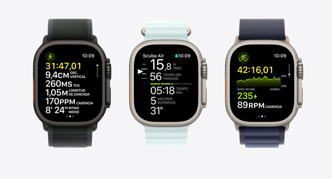 Tres modelos de Apple Watch con datos de entrenos: carrera, buceo y bici.